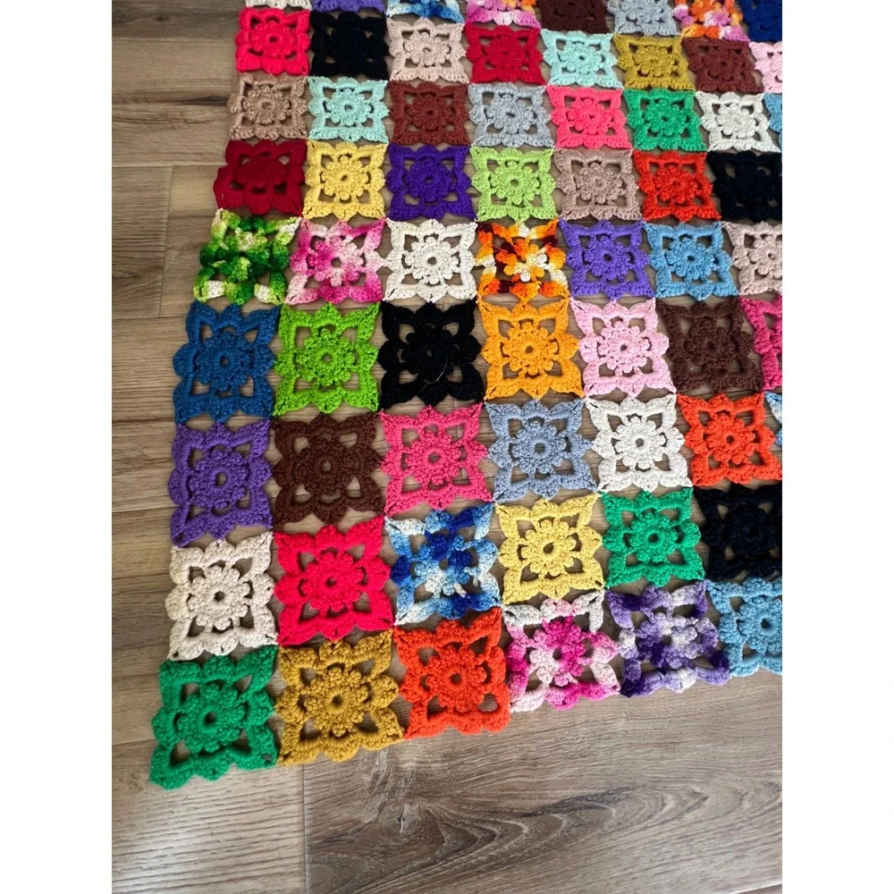 Vintage Handmade Crochet Granny Square Blanket Multi Color Patchwork Throw 55x65